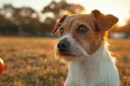 Aging Jack Russell Terrier sitting contentedly on grass with a frisbee, highlighting its wise and serene demeanor
