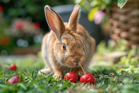 Healthy Dutch rabbit sniffing a ripe cherry in a grassy garden, with cherry pits on the side