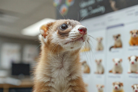 Playful ferret examining illustrations on a family tree, showcasing its place in the Mustelidae family