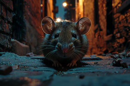 Brown rat with large ears peeking out of a hole in an urban alley under moonlight