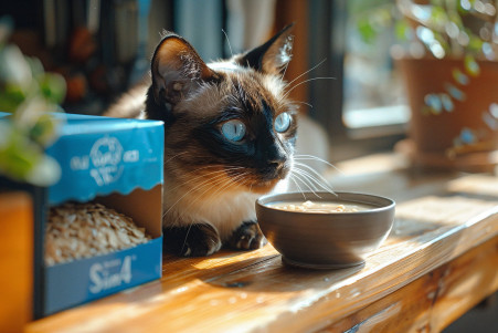Curious Siamese cat sniffing a bowl of oat milk on a kitchen table with a warm domestic setting