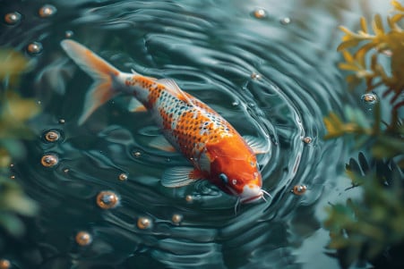 Colorful koi fish swimming near the surface of a tranquil pond bordered by lush green plants
