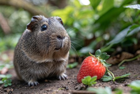 Guinea pig curiously looking at a small strawberry slice, with green plants in the background