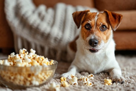 Happy dog next to a small bowl of plain popcorn on the floor in a cozy living room