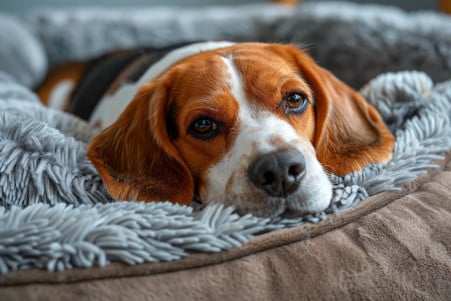 Peaceful beagle lying down with eyes slightly open, showing the third eyelid, on a dog bed