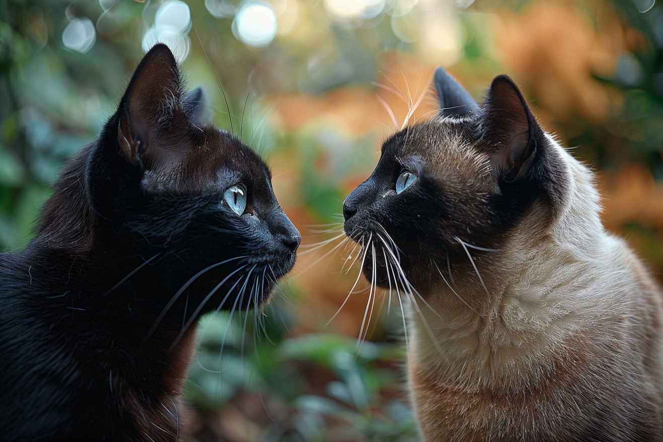 Two cats in a mating display in a garden, with the male cat attentively listening to the female's scream