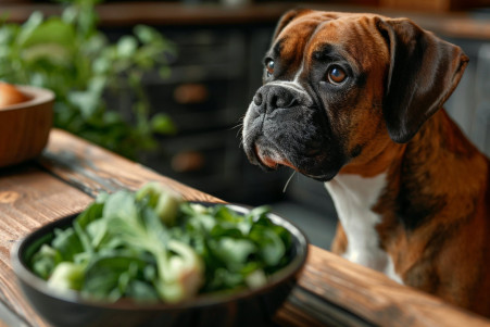 Healthy adult Boxer dog sitting in a modern kitchen, looking at a bowl of chopped bok choy