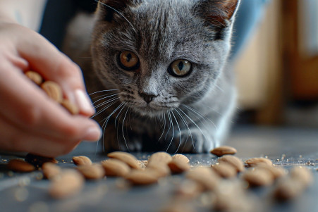 Owner preventing a curious Blue Russian cat from approaching scattered almonds on the floor