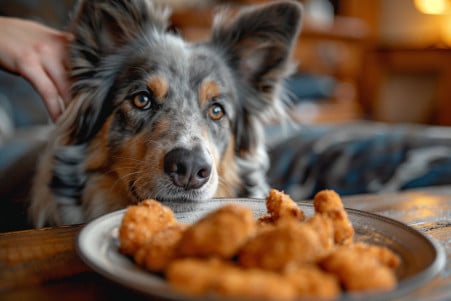 Australian Shepherd dog looking longingly at chicken nuggets on a table, owner reaching to remove the food