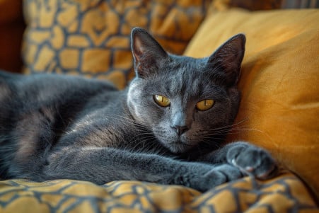 Serene grey cat lying on a cushion, gazing into the distance in a sunlit room