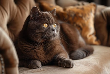 Chocolate brown British Shorthair cat with yellow eyes on a velvet cushion in a softly lit room