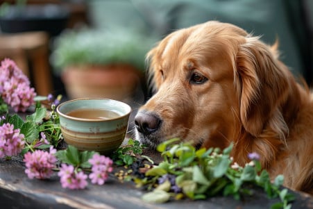 Golden Retriever sniffing a cup of herbal tea amidst non-toxic leaves on a rustic table