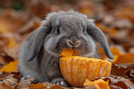 Small grey lop-eared rabbit nibbling on cut pieces of pumpkin in a garden surrounded by autumn leaves