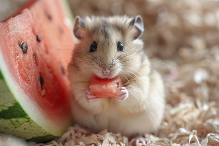 Small fluffy Syrian hamster eating a piece of seedless watermelon in its well-lit cage