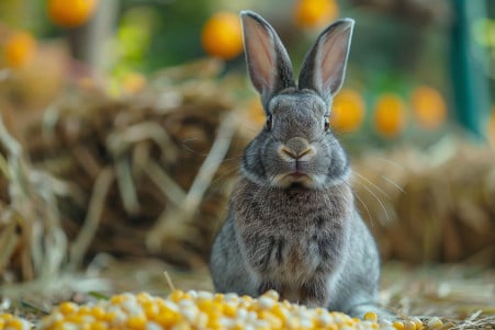 Grey rabbit sitting next to corn kernels, hesitating to eat, with hay in the background