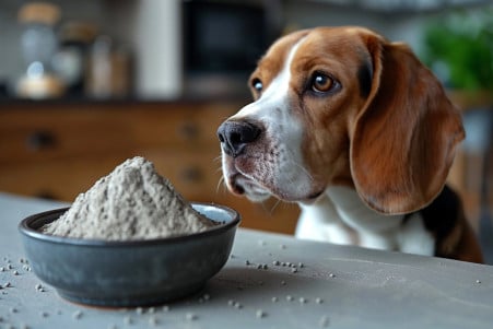 Cautious Beagle examining a bowl of food-grade diatomaceous earth in a well-lit kitchen