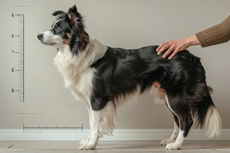 Border Collie standing next to a height chart with hands using a tape measure and level on the dog's withers