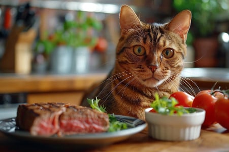 Mature Bengal cat eyeing a piece of steak on a pet-friendly dish on a clean kitchen counter