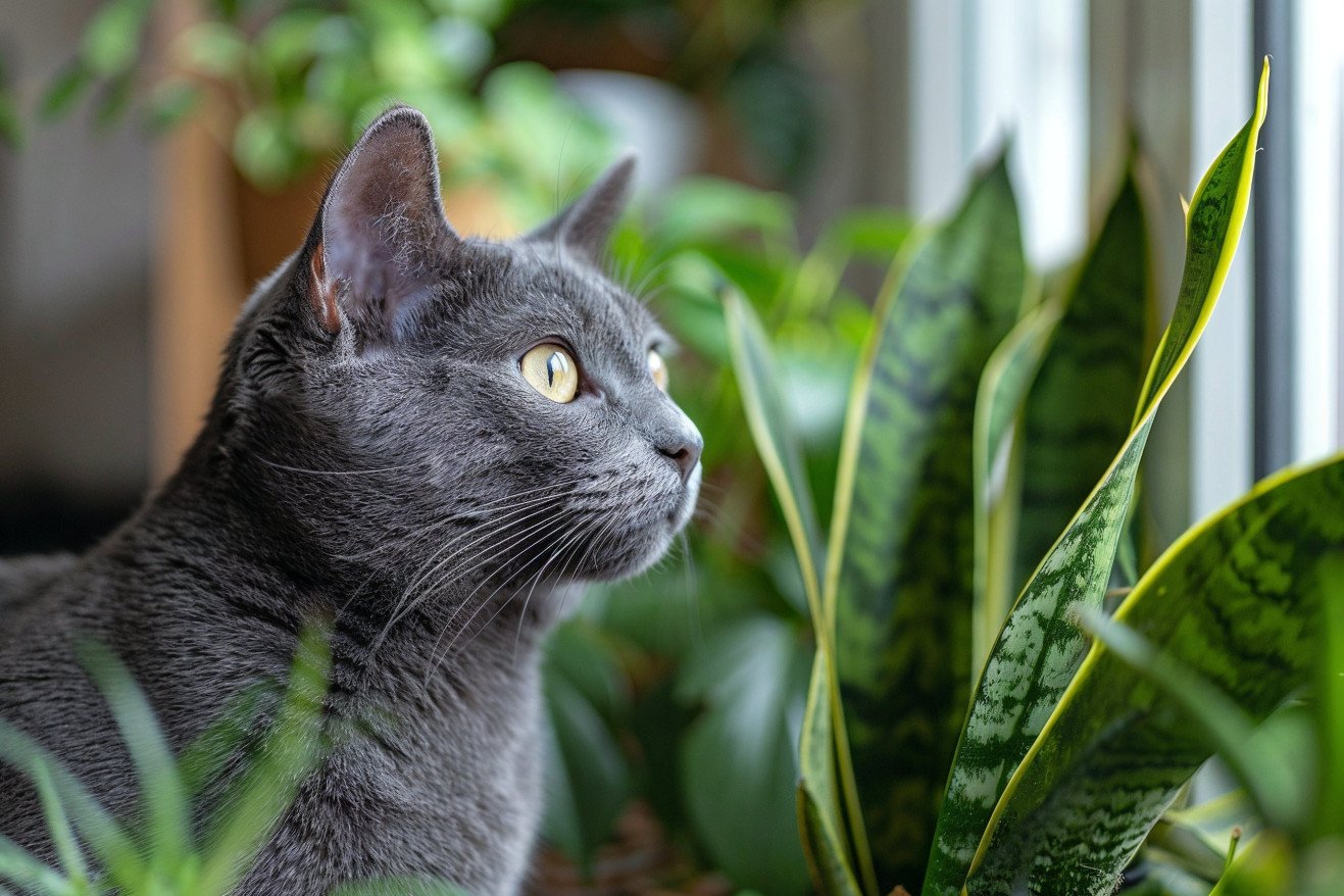 Russian Blue cat inspecting a labeled snake plant in a living room, indicating the plant's toxicity