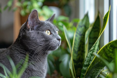 Russian Blue cat inspecting a labeled snake plant in a living room, indicating the plant's toxicity