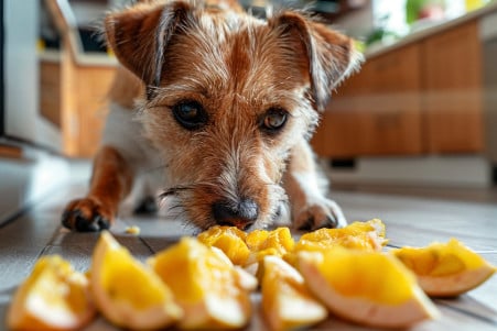 Jack Russell Terrier sniffing a slice of jackfruit in a modern kitchen setting