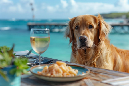 Golden retriever looking cautiously at a plate of calamari on a table with an ocean view