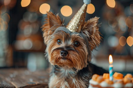 Yorkshire Terrier wearing a party hat, sitting in front of a small dog-safe cake with festive decorations