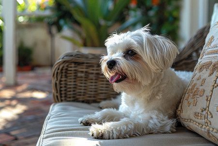 White Maltese dog with tongue out, licking its lips on a sunny patio