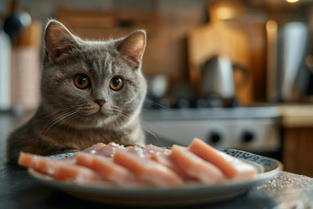 Silver British Shorthair cat sitting by a plate of sliced Spam in a modern kitchen, appearing curious yet hesitant