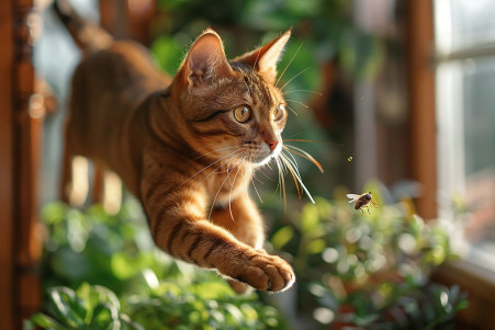 Alert cat mid-leap catching a fly in a sunny home, with a blurred background of an open window and plants
