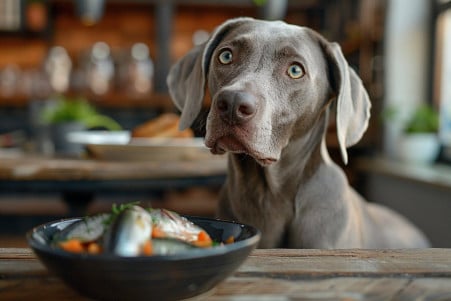 Silver-grey Weimaraner sitting patiently in front of a bowl of sardines on a wooden floor