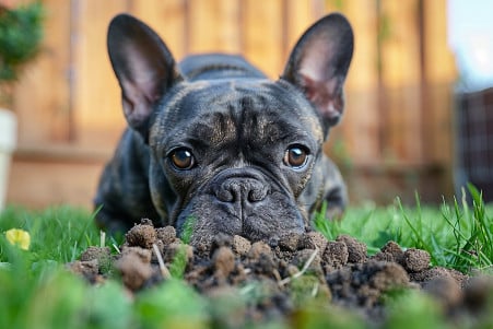 Concerned French Bulldog sniffing rabbit droppings in a green grassy backyard