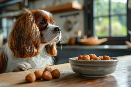 Cavalier King Charles Spaniel gazing at a bowl of fried water chestnuts on a well-lit kitchen counter