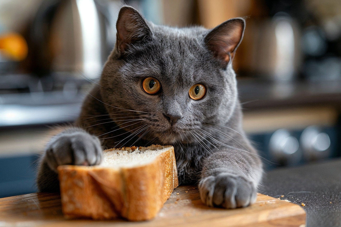 Curious Russian Blue cat sniffing a piece of bread on a modern kitchen counter