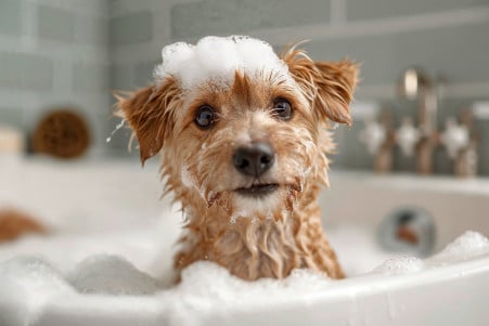 Happy dog covered in shampoo suds during bath time in a bright bathroom