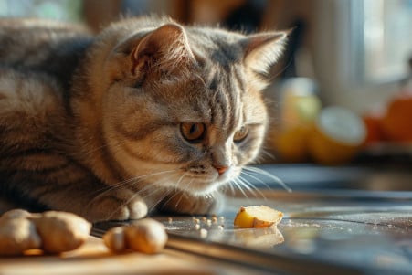 British Shorthair cat sniffing a piece of ginger on a kitchen counter with curiosity