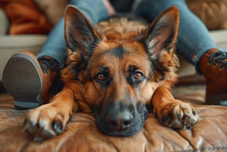 Loyal German Shepherd laying contently on the feet of its owner in a cozy home environment