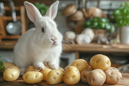 White rabbit sitting skeptically next to a pile of raw potatoes in a warm-colored kitchen