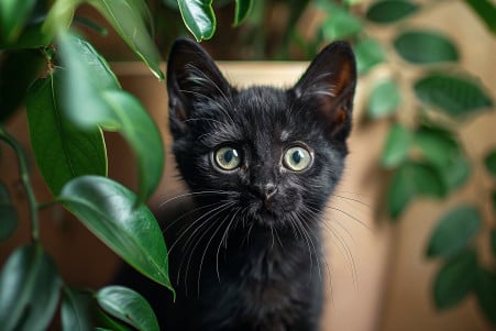 Tiny adult black cat with bright green eyes standing next to a houseplant indoors
