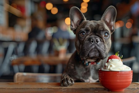 Small French Bulldog gazing longingly at whipped cream on a strawberry in a cozy cafe setting