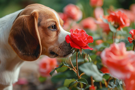 Playful Beagle sniffing a red rose with a caution sign about pet safety in a garden