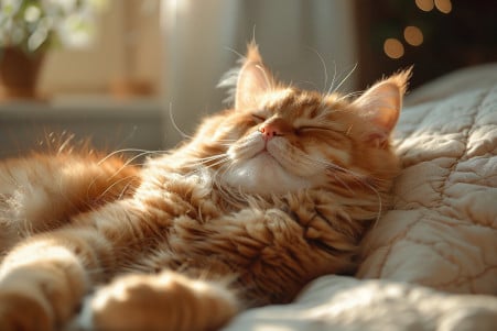 Relaxed Siberian cat appearing to smile, comfortably lounging in a sunlit room