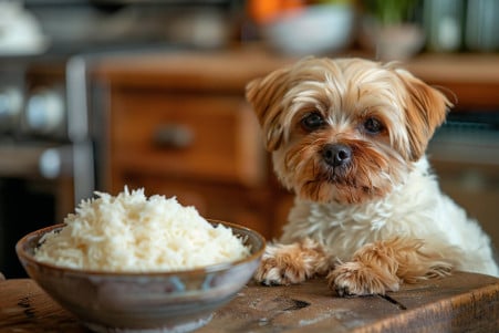 Contented Shih Tzu sitting in a kitchen with a bowl of Jasmine rice, looking at it with anticipation