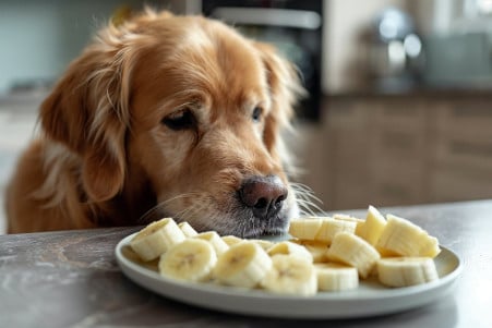 Golden Retriever sniffing at sliced, cooked plantains on a plate in a well-lit kitchen