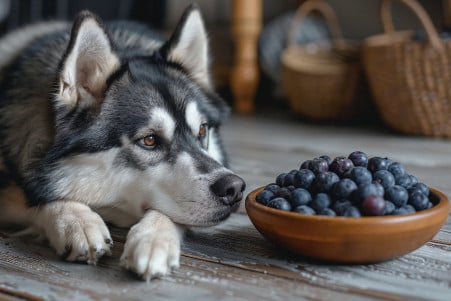 Anxious Alaskan Malamute sitting away from a bowl of acai berries, displaying a cautious expression