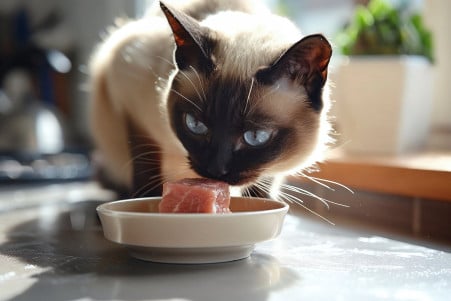 Siamese cat cautiously sniffing at a piece of cooked pork on a kitchen counter