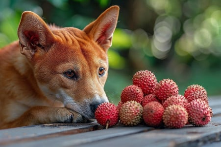 Curious brown dog sniffing a pile of peeled lychee on a wooden table with a green garden background