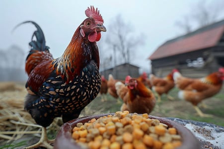 Chickens curiously pecking at dry dog food on a farmyard with blurred barn in the background