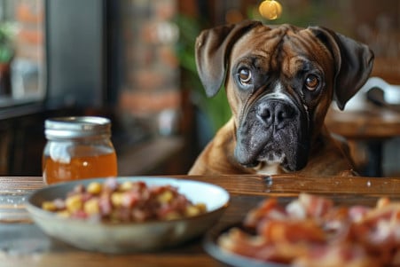 Robust Boxer dog sitting at a kitchen table, eyeing a jar of bacon grease beside a plate of bacon with healthier dog food present