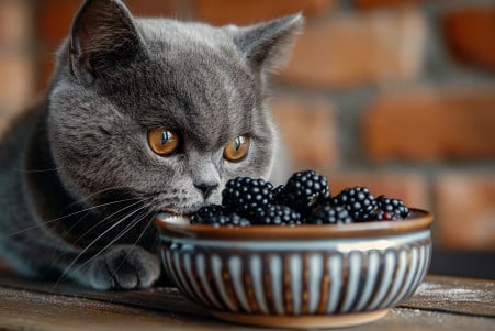 Curious British Shorthair cat examining a bowl of blackberries in a sunny kitchen